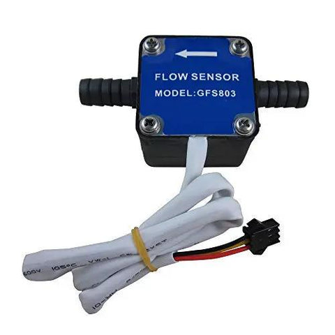 LCD Water Flow Meter With Quantitative Controller And G3 8 Inch Fuel Oil Gas Diesel Milk Flow Sensor, blue casing, black fittings, cables attached.