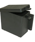 Durable Black Plastic Battery Box With A Hella Secure Molded Lid For 9 Amp Trailer Breakaway Kits, 6x3x5.75in, open angle view.