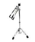 Rock Solid Heavy Duty Snare Drum Stand Adjustable Portable Alloy Rack With Quick Release Storage Shelf For Gig Ready Bands Weekend Sessions And Tour Grade Stages, side view showing adjustable height and secure clamps.