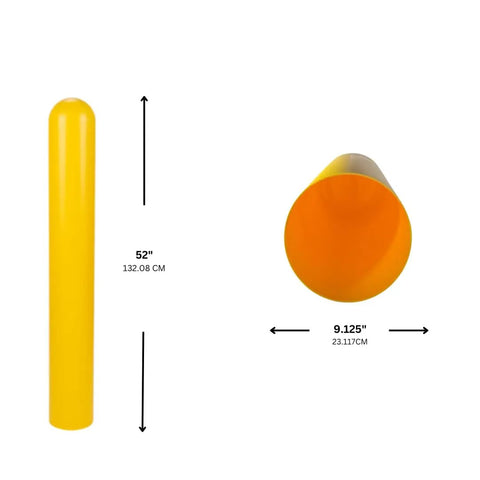 Top Tier Heavy Duty 8 X 52 Inch Yellow Bollard Covers Round Top Hdpe For Garage And Driveway Safety With Stick On Foam Pads Zero Hassle Quick Install Four Pack showcasing 52-inch height and 9.125-inch diameter.