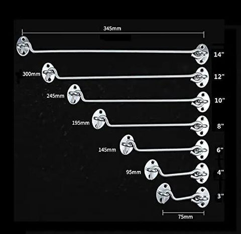 Rock Solid Sus 304 Stainless Steel Barn Door Latch With Hook And Eye Design showing various sizes from 3" to 14" for heavy duty use.