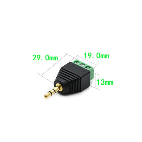 Three Pack 3.5mm TRS Stereo AV Male To 3-Screw Terminal Adapter Cables, 1/8 Inch Plug To Screw Block, side view with dimensions