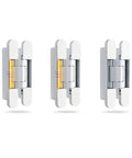 Beefy Hidden Hydraulic Hinge Buffer Delivering Smooth As Silk Automatic Closing Featuring Cross Hinge And Three Dimensional Spring Action Rock Solid Zinc Alloy Badass Build Sleek White Finish Handles An Epic 80 Kg Load Zero Drama Install 3 Pack - Three white hydraulic hinges with visible spring action.