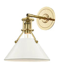 Premium One Light Wall Sconce With Slick Aged Brass Finish And Soft Off White Shade, 11 inches tall, vertical mount decorative lighting.