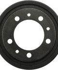 Brake drum, front view, black metal circular part with six lug holes around the central bore.
