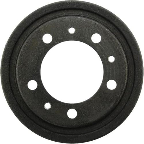 Brake drum, front view, black metal circular part with six lug holes around the central bore.