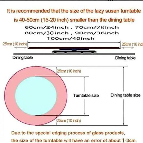 Dimensions guide for Premium Solid Wood Lazy Susan Featuring Slick 360 Degree Swivel Function with turntable sizes and dining table compatibility.