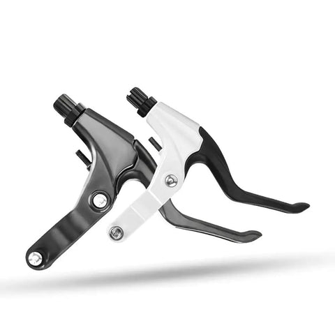 Black and white bicycle brake levers showing adjustment screws from the Black Aluminum Brake Lever Adjustment Screws Set For Bikes M10 4 Pack Durable Corrosion Resistant Alloy Components Smooth Easy Tweaks For Road Mountain And Hybrid Rides.