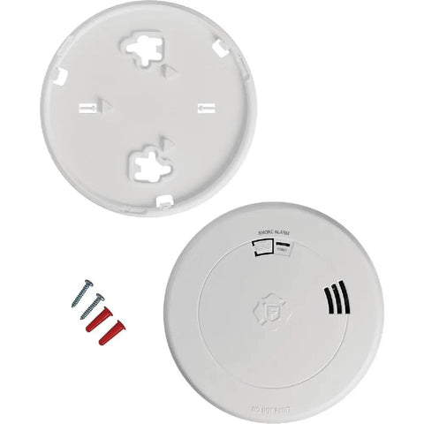 Ten Year Battery-Powered Photoelectric Smoke Detector With Voice And Location Alerts, Easy Test Button, Carded Package, Model SM210V, Reliable Fire Safety Sensor For Home Or Apartment components including base and screws