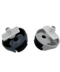 Two front wheel vacuum cleaner parts with white mounting brackets; black and gray wheel housings