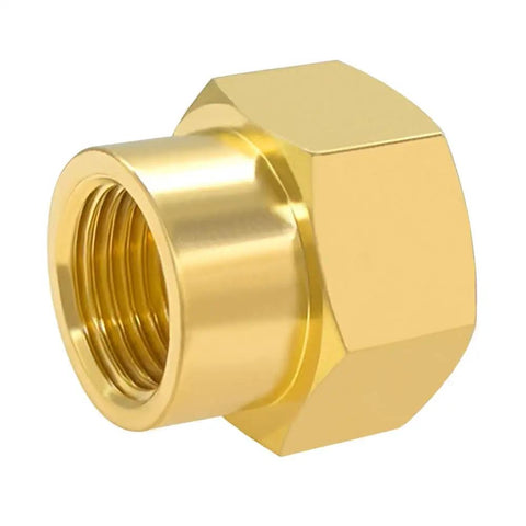 Close-up of Brass Reducer Pipe Fitting Three Quarter Inch NPT Female to One Half Inch NPT Female Reducing Coupling Adapter
