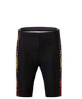 Front view of black cycling shorts with colorful side panels, showcasing sleek design for comfort and performance.