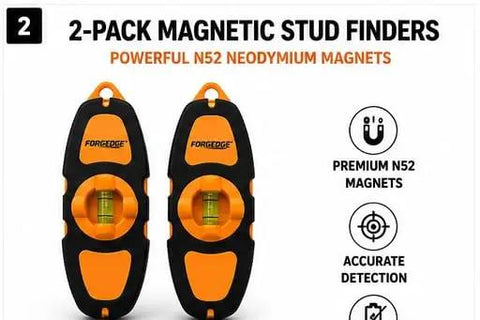 FORGEDGE Magnetic Stud Finder Set, 2-Pack with Level, showcasing powerful N52 neodymium magnets for accurate detection.