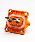 Top Shelf EV High Voltage Connector 2 Pin Male Socket 50 Amp Rated IP67 Weatherproof with orange plastic housing.