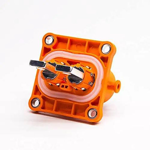Top Shelf EV High Voltage Connector 2 Pin Male Socket 50 Amp Rated IP67 Weatherproof with orange plastic housing.