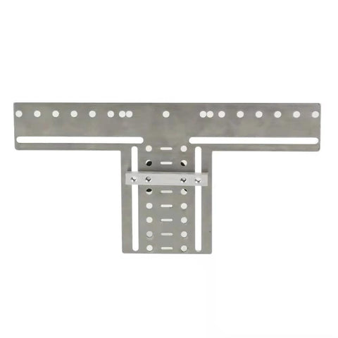 Front view of Eight Position Cabinet Pull Drill Template for Doors and Drawers, silver metal mounting template with direct drilling holes