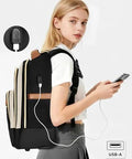 Woman using 40L rolling travel backpack for women with USB charging port, showcasing durable design and smart features for on-the-go convenience.
