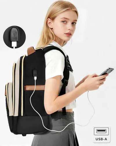 Woman using 40L rolling travel backpack for women with USB charging port, showcasing durable design and smart features for on-the-go convenience.