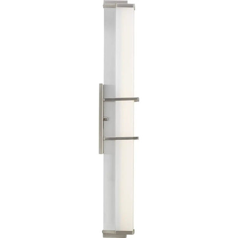 Phase Two Point Two LED 24 Inch White Shade Sleek Modern Bath Vanity Light In Brushed Nickel with slim acrylic frame, vertical view