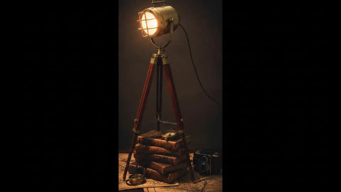Antique Brass Rustic Floor Lamp With Wooden Stand in vintage style, E26 corded electric, 42-inch height, for living room and office.