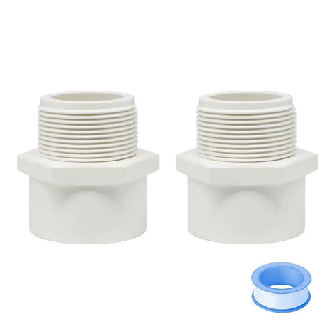 Two Pack One And One Half Inch Male Thread PVC Fittings Two Way PVC Pipe Coupling Adapters Schedule Forty White Includes Teflon Tape