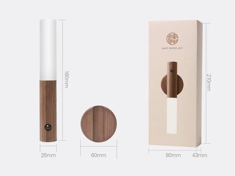 Smart LED Battery Powered Wall Sconce With Motion Sensor And Stick On Night Light Magnetic Rechargeable Lights For Living Room Bedroom Hallway Wardrobe And Bathroom No Fuss Easy Install Automatic And Constant Lighting Modes, showing dimensions and packaging.