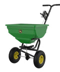 85 Lb Push Rod Control Broadcast Spreader with Rustproof Poly Hopper and Spreader Plate, black frame and pneumatic tires