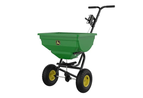 85 Lb Push Rod Control Broadcast Spreader with Rustproof Poly Hopper and Spreader Plate, black frame and pneumatic tires