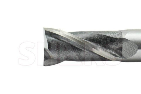 Shars HSS 2-flute center-cut end mill, close-up, 7/8 in dia, 3/4 in cutting length, 1-1/2 in flute length.