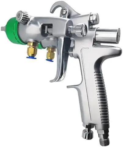 Pro Level Double Nozzle Pneumatic Paint Sprayer, 1200 RPM Air Powered Spray Gun With 1.3mm Stainless Steel Needle And 40cm Wide Fan For A Smooth As Glass Finish, showing silver spray gun with green cap.