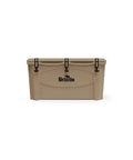 Heavy Duty 100 Qt Hard Side Cooler With Two Inch Foam Core, beige color with latches, ideal for camping and outdoor use.