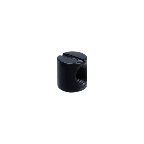 Close-up of a black M6 slotted barrel nut from the 20 Pcs M6 Barrel Nuts Cross Dowels Slotted Nuts Replacement Hardware Kit For Cribs And Flat Furniture Black M6x10mmx11mm Durable DIY Friendly Fasteners