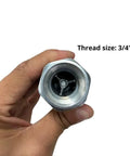 Close-up of a silver 3/4 in NPT hydraulic quick-connect Pioneer-style coupler end held in hand.