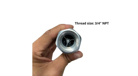 Close-up of a silver 3/4 in NPT hydraulic quick-connect Pioneer-style coupler end held in hand.