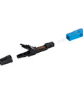 Fiber optic quick connector SC UPC kit: blue SC housing, black connector body with copper contacts, white spacer