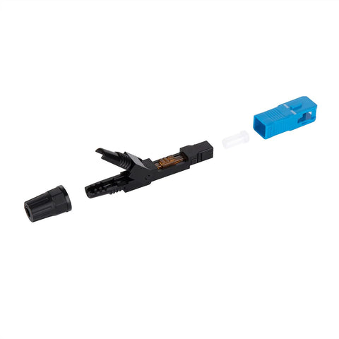 Fiber optic quick connector SC UPC kit: blue SC housing, black connector body with copper contacts, white spacer