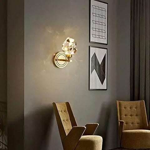 Modern Copper Crystal Wall Sconce Straight Up Stunning For Living Room And Bedroom Top Tier Bedside Lamps With Glare Free Hand Cut Shades giving soft light on wall.