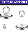 Front view of two MIKEDE neodymium fishing magnets with eyebolts and base plates, 1.26 inch diameter