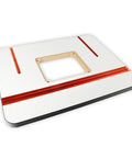 Rock Solid Mdf Router Table Top With Smooth Melamine Finish Provides Dead Flat Precision For Big Block Woodworking Builds Constructed Ridiculously Tough For Daily Shop Grind 32 By 24, showcasing 24x32 inch MDF router table with smooth white surface and red tracks.