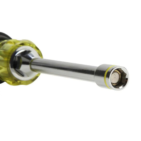 Close-up of 2-In-1 Hex Nut Driver With Magnetic Retention, 1/4-Inch And 5/16-Inch Bits, showing color-coded band and no-slip grip.