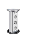 Slick Kitchen Retractable Pop Up Outlet Featuring Quick Easy Auto Electric Lift And Dual Usb Charging Ports Black Round Power Station for modern home offices view, showing dual USB ports and three power sockets.