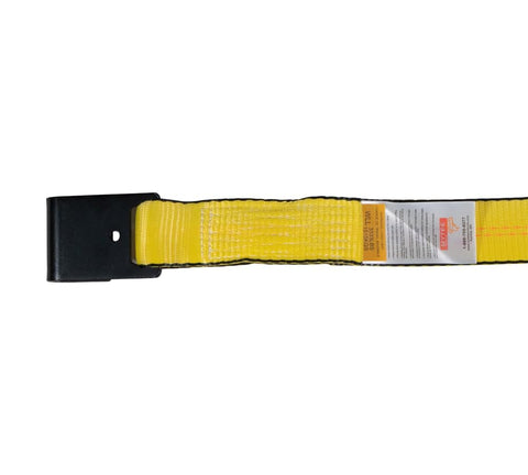 Close-up of yellow heavy duty 10 pack 2 inch by 30 foot ratchet tie down strap with flat hook, 10,000 lbs break strength, polyester.