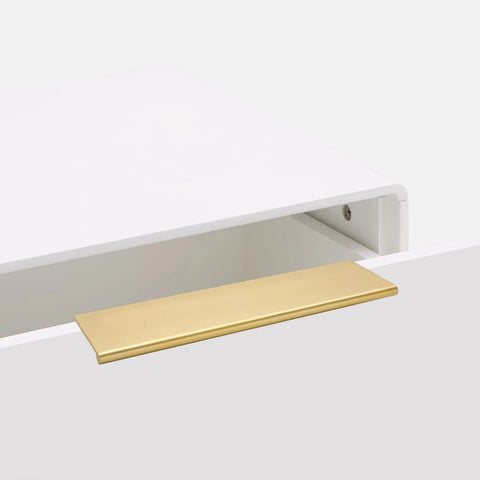 Champagne Gold Finger Edge Pulls Set Of 10 For Drawers And Cabinets 5 Inch Hole Center Handles installed on white drawer