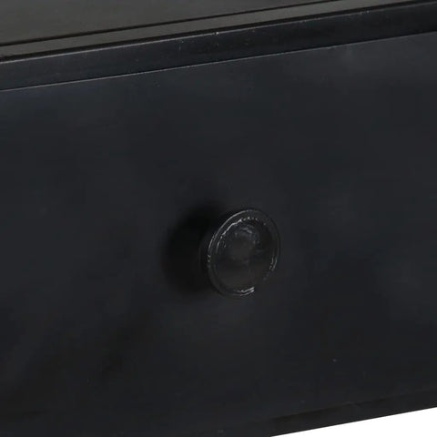 Close-up of black iron drawer handle on the Rough Mango Wood 4 Shelf Book Cabinet With Iron Frame And One Drawer For Books Magazines DVDs And Decor