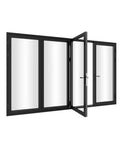 Premium Aluminum Bifold Door 120X96 Black With Four Low E Tempered Glass Panels, open view showcasing smooth glide and hinges.