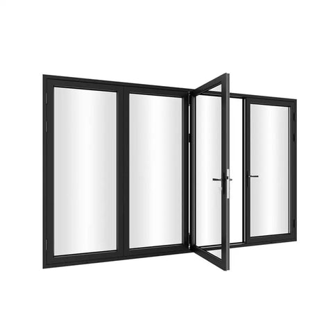 Premium Aluminum Bifold Door 120X96 Black With Four Low E Tempered Glass Panels, open view showcasing smooth glide and hinges.