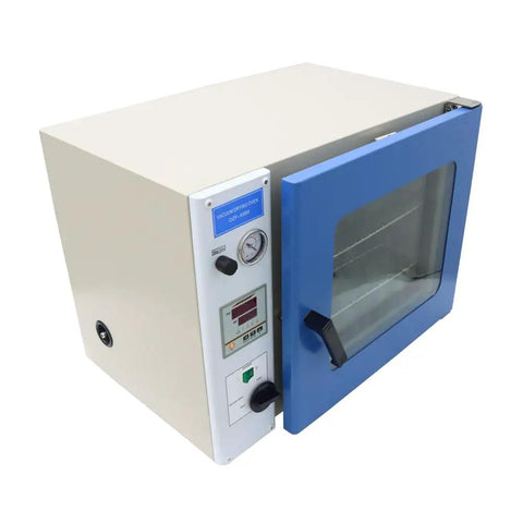 Intbuying 1 Point 9 Cubic Foot Vacuum Drying Oven With Lcd Screen and Micro Computer Control, beige and blue, front view with open door.
