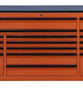 Kickass Rolling Tool Chest Spanning Seventy Two Inches Wide With Seventeen Deep Storage Drawers Tough As Nails Steel Frame Vibrant Orange Coating And Secure Black Handles.