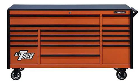 Kickass Rolling Tool Chest Spanning Seventy Two Inches Wide With Seventeen Deep Storage Drawers Tough As Nails Steel Frame Vibrant Orange Coating And Secure Black Handles.