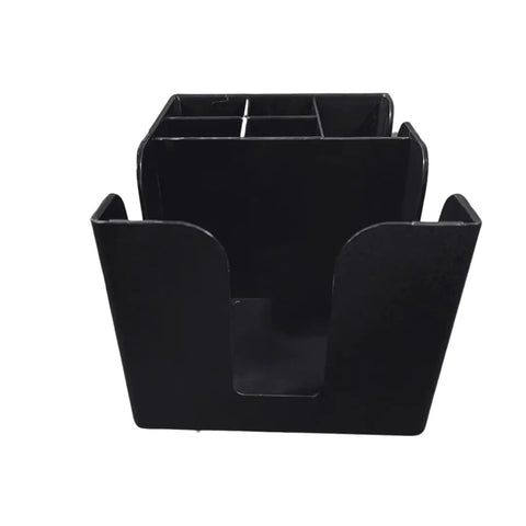 Top Tier Six Slot Bar Caddy Organizer Built From Heavy Duty Black Plastic, featuring six compartments for napkins and straws.